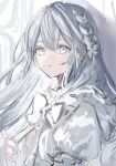  1girl absurdres blood blood_on_face bow braid dress grey_eyes grey_hair highres long_hair looking_at_viewer nanaponi original sketch solo upper_body white_bow white_dress 