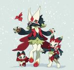  2others alternate_color claws closed_mouth commentary english_commentary fakemon floragato flower full_body furry green_eyes green_fur grey_background highres kamabokobun looking_at_another looking_at_viewer meowscarada multiple_others open_mouth poinsettia pokemon pokemon_(creature) red_flower red_fur signature simple_background smile snowing sprigatito standing 