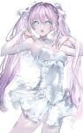  1girl absurdres breasts cleavage copyright_request dress hair_ribbon hands_up highres long_hair looking_at_viewer medium_breasts nanaponi open_mouth pink_hair ribbon simple_background solo standing strapless strapless_dress very_long_hair white_background white_dress 