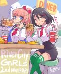  2girls black_hair booth_seating burger commentary_request cup diner disposable_cup drink drinking_straw eating english_text fast_food food food_in_mouth food_on_face french_fries holding holding_food hot_dog jacket ketchup kunio-kun_series kyoko_(kunio-kun) long_hair misako_(kunio-kun) mixed-language_text multiple_girls mustard oyster_(artist) river_city_girls sausage school_uniform 