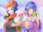  1boy 1girl ;) backpack bag bangs beret bird blue_eyes blue_hair commentary_request dawn_(pokemon) drifloon gastrodon gastrodon_(east) hair_ornament hairclip hand_up harumori_kou hat hat_removed headwear_removed long_hair looking_at_viewer lucas_(pokemon) on_shoulder one_eye_closed orange_headwear orange_scarf pachirisu parted_lips pink_scarf poke_ball_print pokemon pokemon_(creature) pokemon_(game) pokemon_dppt pokemon_on_shoulder scarf short_hair smile starly twitter_username upper_body watermark yellow_bag 