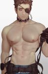  1boy abs anderain bara black_gloves black_hair blue_pants closed_mouth eyepatch gloves large_pectorals male_focus muscular muscular_male navel nipples ombra_(anderain) one_eye_covered original pants pectorals short_hair simple_background solo upper_body white_background 