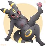  anthro areola black_body blush breasts eeveelution feet female generation_2_pokemon hinata_sakamoto looking_at_viewer nintendo nipples open_mouth pokemon pokemon_(species) pokemorph red_eyes solo thick_thighs tongue tongue_out umbreon 