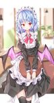  1girl bangs bat_wings black_thighhighs blue_hair blurry blurry_background highres holding holding_tray indoors juliet_sleeves long_sleeves looking_at_viewer maid open_mouth puffy_sleeves red_eyes remilia_scarlet sabana short_hair solo sweatdrop thighhighs touhou tray wings 