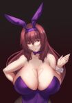  1girl animal_ears aster_crowley bangs bare_shoulders blush breasts cleavage collarbone detached_collar fake_animal_ears fate/grand_order fate_(series) fishnet_pantyhose fishnets highres huge_breasts leotard long_hair looking_at_viewer pantyhose purple_hair purple_leotard rabbit_ears red_eyes scathach_(fate) scathach_(piercing_bunny)_(fate) smile solo wrist_cuffs 
