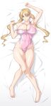  1girl arm_up armpits bangs bare_shoulders barefoot bed_sheet blonde_hair breasts cleavage collarbone commentary_request covered_navel dakimakura_(medium) earrings full_body green_eyes grin groin gundam gundam_tekketsu_no_orphans hair_between_eyes heart heart_earrings highres jewelry lafter_frankland large_breasts long_hair looking_at_viewer lying nail_polish obliques off_shoulder on_back one-piece_swimsuit ozaneko parted_bangs partial_commentary pink_nails pink_one-piece_swimsuit shadow single_sidelock smile solo swimsuit teeth toenail_polish toenails twintails 
