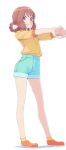  1girl akinbo_(hyouka_fuyou) blue_shorts braid brown_hair closed_mouth delicious_party_precure full_body hanamichi_ran highres long_hair orange_footwear precure purple_eyes shiny_hair shirt short_shorts short_sleeves shorts simple_background smile solo standing stretching white_background yellow_shirt 