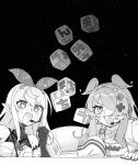  2girls bare_shoulders clenched_hand cross_hair_ornament detached_sleeves dice dress elira_pendora fangs gloves greyscale hair_ornament hair_over_one_eye hand_on_table hand_up head_wings headset highres long_hair monochrome multiple_girls nijisanji nijisanji_en nko_dice open_mouth pomu_rainpuff sumiya_nadateru upper_body virtual_youtuber 