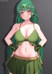  1girl absurdres armpit_crease bare_shoulders breasts center_opening circlet cleavage closed_mouth collarbone commission cowboy_shot crop_top earrings green_hair green_shirt green_skirt hands_on_hips highres hoop_earrings jewelry kkam-sang large_breasts long_hair looking_at_viewer maplestory midriff miniskirt navel pleated_skirt shirt skirt sleeveless sleeveless_shirt smile solo spaghetti_strap standing stomach very_long_hair wristband yellow_eyes 