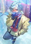  1boy blue_footwear blue_mittens blue_scarf blurry boots breath commentary_request covering_mouth fence grey_pants grusha_(pokemon) hand_in_pocket hand_over_own_mouth hand_up highres jacket leg_up long_hair male_focus otsudou outdoors pants poke_ball_print pokemon pokemon_(game) pokemon_sv scarf scarf_over_mouth snowing solo standing standing_on_one_leg striped striped_scarf yellow_jacket 