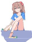  1girl akinbo_(hyouka_fuyou) bangs bare_legs barefoot blue_shirt blue_shorts bow brown_eyes brown_hair closed_mouth delicious_party_precure hair_between_eyes hair_bow long_hair nagomi_yui precure red_bow shiny_hair shirt shoes short_shorts short_sleeves shorts simple_background sitting smile sneakers solo white_background yellow_footwear 