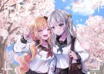  2girls :d ^_^ bag ban_hada battery_indicator blonde_hair blue_eyes blue_neckerchief blush bow breasts cherry_blossoms closed_eyes collarbone colored_inner_hair dochmaru grey_hair hair_bow highres holding holding_another&#039;s_arm holding_bag korean_commentary long_hair medium_breasts midriff_peek mole mole_under_eye multicolored_hair multiple_girls neckerchief nijisanji nijisanji_kr one_side_up open_mouth petals pink_hair recording red_neckerchief school_uniform seffyna serafuku shirt smile very_long_hair viewfinder virtual_youtuber white_shirt yellow_bow 