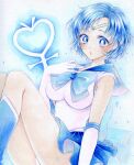  1girl absurdres amu_(m_aa) bishoujo_senshi_sailor_moon blue_eyes blue_hair blush bow breasts earrings gloves highres jewelry large_breasts magical_girl marker_(medium) mizuno_ami panties parted_lips pleated_skirt sailor_mercury sailor_senshi_uniform short_hair sitting skirt solo sparkling_eyes traditional_media underwear white_gloves white_panties 