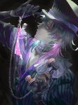  1boy argyle_clothes argyle_coat black_background black_gloves blue_eyes blue_hair closed_mouth coat diamond_choker gavis_bettel gavis_bettel_(1st_costume) gloves grey_hair hat highres holding holding_phone holostars holostars_english jerry_(gavis_bettel) looking_at_viewer male_focus medium_hair multicolored_coat multicolored_hair phone pink_hair riz_tempura scarf skeleton smile striped_coat top_hat vertical-striped_coat virtual_youtuber white_scarf 