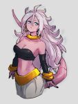  1girl android_21 bare_shoulders black_sleeves blue_eyes bracelet breasts choker cleavage collarbone colored_skin detached_sleeves dragon_ball dragon_ball_fighterz earrings grey_background hair_between_eyes hoop_earrings jewelry kemachiku long_hair looking_at_viewer majin_android_21 medium_breasts midriff navel pink_skin pointy_ears simple_background solo tail white_hair yellow_choker 