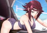  1girl adsouto ass bra breasts cockpit code_geass collarbone green_eyes headband highres kallen_stadtfeld large_breasts looking_at_viewer lying on_stomach panties red_hair shiny_skin signature solo underwear 