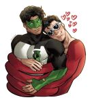  2boys bara black_bodysuit black_hair blush bodysuit dc_comics domino_mask green_lantern green_lantern_(series) heart heart-shaped_eyewear highres hug hug_from_behind kyle_rayner large_pectorals male_focus mask melonnabar multiple_boys muscular muscular_male patrick_o&#039;brian pectorals plastic_man red_bodysuit short_hair simple_background sunglasses twitter_username two-tone_bodysuit vambraces white_background white_bodysuit yaoi 