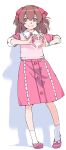  1girl akinbo_(hyouka_fuyou) bangs bow brown_eyes brown_hair closed_mouth delicious_party_precure full_body hair_between_eyes hair_bow heart heart_hands highres long_hair long_sleeves looking_at_viewer medium_skirt nagomi_yui pink_footwear pink_shirt pink_skirt precure red_bow shiny_hair shirt skirt smile socks solo standing white_background white_socks 
