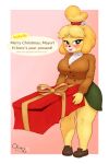  absurd_res animal_crossing anthro big_breasts blonde_hair blush breasts canid canine canis christmas christmas_present clothed clothing dialogue domestic_dog embarrassed female fingers fur gift gift_bow gift_box gradient_background hair hi_res holidays isabelle_(animal_crossing) looking_away mammal nintendo oliversart open_mouth shih_tzu simple_background solo text toy_dog video_games yellow_body 