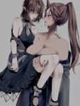  2girls bare_shoulders black_dress black_footwear blonde_hair blue_kimono blue_overskirt bobby_socks breasts brown_jacket carrying closed_mouth collarbone commentary_request cone_hair_bun dededon_(2suy_aas) dress fang frilled_dress frilled_sleeves frills grey_background hair_bun highres horns hoshiguma_yuugi hoshiguma_yuugi_(kimono) jacket japanese_clothes kimono large_breasts long_sleeves mary_janes medium_breasts mizuhashi_parsee multiple_girls overskirt parted_lips pointy_ears princess_carry red_eyes red_horns shoes simple_background single_horn sleeveless sleeveless_dress socks touhou white_socks wide_sleeves yellow_eyes yuri 