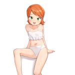  1girl :d absurdres bare_arms bare_legs bare_shoulders ben_10 bikini feet_out_of_frame frilled_bikini frills green_eyes gwendolyn_tennyson hair_ornament hairclip highres looking_at_viewer ludo0109 navel open_mouth orange_hair paid_reward_available short_hair simple_background sitting smile solo swimsuit wet white_background white_bikini 