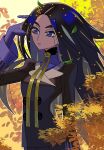  1girl black_hair black_jacket blue_eyes blue_gloves blue_shirt eyelashes falling_leaves geeta_(pokemon) gloves hand_up highres jacket leaf long_hair long_sleeves lvetica neck_ribbon parted_lips pokemon pokemon_sv ribbon shirt solo turtleneck turtleneck_shirt upper_body yellow_ribbon 