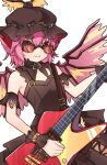  1girl adapted_costume animal_ears bare_arms bird_ears bird_wings black_collar bracelet brown_eyes brown_hat brown_shirt brown_skirt brown_wristband choujuu_gigaku collar cowboy_shot detached_collar electric_guitar feathered_wings gibson_explorer guitar hat highres holding holding_plectrum instrument jewelry looking_at_viewer mob_cap music musical_note musical_note_print mystia_lorelei pink_hair pink_wings playing_instrument plectrum shirt short_hair simple_background skirt sleeveless sleeveless_shirt solo spaghetti_strap spiked_bracelet spikes sunglasses touhou white_background winged_hat wings yuineko 
