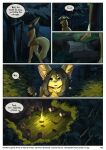  black_hair blood blue_eyes bodily_fluids campfire canid canine cave clearing clothing collar comic dead_body dress fenavi_montaro fennec feretta forest fox fur hair hi_res mammal night plant shrub tale_of_tails tree wagon webcomic yellow_body yellow_fur 