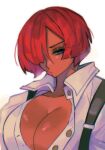  1girl blue_eyes breasts cleavage dark-skinned_female dark_skin dress_shirt giovanna_(guilty_gear) guilty_gear guilty_gear_strive highres pout puckered_lips red_hair runmarlyrun shirt short_hair suspenders white_shirt 