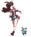  1girl bag baseball_cap black_vest brown_hair denim denim_shorts dot_nose handbag happy hat high_ponytail hilda_(pokemon) nobuyu_(77yusei) oshawott pokemon pokemon_(creature) pokemon_(game) pokemon_bw ponytail running seashell shell shoes short_shorts shorts sidelocks simple_background vest white_background wristband 