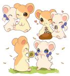  animal animal_focus blue_eyes blush brown_eyes commentary eating english_commentary flower foxlett hair_ribbon hamster hamtaro hamtaro_(series) heart multiple_views no_humans one_eye_closed ribbon ribbon_(hamtaro) seed simple_background sitting standing sunflower sunflower_seed white_background white_hair 