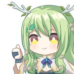  1girl antlers black_gloves blue_dress blue_ribbon braid breasts bright_pupils ceres_fauna cleavage dress flower gloves green_hair hair_flower hair_ornament hololive hololive_english long_hair mole mole_under_eye partially_fingerless_gloves ribbon smile solo thumbs_up upper_body virtual_youtuber white_pupils white_sleeves yellow_eyes zerorespect_bot 