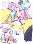  1girl apo_518 blue_hair bow-shaped_hair breasts bright_pupils collarbone d: eyelashes eyes_visible_through_hair grin halterneck highres iono_(pokemon) light_blue_hair long_hair long_sleeves looking_up magnemite magnet multicolored_eyes multicolored_hair pink_eyes pink_hair pokemon pokemon_(creature) pokemon_(game) pokemon_sv screw sharp_teeth simple_background sleeves_past_fingers sleeves_past_wrists small_breasts smile split-color_hair star_(symbol) teeth two-tone_hair white_background white_pupils x yellow_eyes 