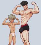 2boys abs age_difference armpit_hair bara beard_stubble black_hair black_male_underwear blonde_hair c: chest_hair closed_eyes closed_mouth facial_hair fairytale_police_hoe_department father_and_son feet_out_of_frame flexing gepetto_ardalos glasses grey_background grey_eyes grin height_difference highres idoraad incest jockstrap leg_hair male_focus male_underwear motion_lines multiple_boys muscular muscular_male nipples pectorals pinocchio_ardalos puppet short_hair simple_background smile stubble teeth thighs undercut underwear white_male_underwear 