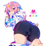  1boy absurdres ass bangs black_shorts blue_eyes bright_pupils bulge commentary_request earrings hair_between_eyes heterochromia highres hood hood_down hoodie jewelry long_sleeves male_focus original pink_eyes pink_hair raito-kun_(uenomigi) short_hair shorts simple_background skin_tight solo stud_earrings uenomigi white_background white_hoodie white_pupils 