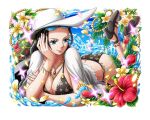  1girl bikini black_bikini black_hair blue_eyes breasts cleavage flower hat head_rest hibiscus high_heels jewelry leaf light_smile long_hair necklace official_art one_piece one_piece_treasure_cruise red_flower solo swimsuit water white_headwear 