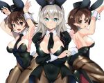  akaboshi_koume animal_ears ass bangs bare_shoulders black_headwear black_jacket black_leotard black_necktie blaze_(blazeillust) blue_eyes breasts brown_eyes brown_hair brown_pantyhose bunny_pose covered_navel cross detached_collar from_behind full_body garrison_cap girls_und_panzer grey_hair hat itsumi_erika jacket leotard looking_at_viewer looking_back mauko_(girls_und_panzer) medium_breasts medium_hair military_jacket necktie pantyhose playboy_bunny rabbit_ears rabbit_tail short_hair simple_background strapless strapless_leotard tail thighband_pantyhose wavy_hair white_background wrist_cuffs 