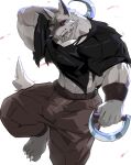  2023 abs absurd_res anthro ashendawger bottomwear bulge canid canine canis claws clothed clothing death_(puss_in_boots) dreamworks fur grey_body grey_fur hi_res looking_at_viewer male mammal melee_weapon muscular muscular_male pants polearm puss_in_boots_the_last_wish red_eyes scythe shirt simple_background topwear weapon white_background wolf 