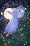  1girl absurdres aki_a0623 barefoot blue_nightgown blush closed_eyes closed_mouth flower highres light_particles lying moon moon_phases nightgown object_hug on_grass original red_lips signature sleeping sleepwear solo star_(symbol) wavy_hair white_hair 