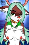  absurd_res anthro antlers areola bell breasts brown_body brown_fur capreoline clothing collar deer female fur green_clothing green_eyes green_hair green_shirt green_topwear hair hi_res hima_nsfw himalaya_(hima_nsfw) horn mammal presenting presenting_breasts reindeer shirt solo tongue tongue_out topwear white_body white_fur 