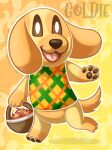  2022 animal_crossing anthro apple basket bird_dog bottomless brown_nose brown_sclera canid canine canis clothed clothing container digital_drawing_(artwork) digital_media_(artwork) domestic_dog female female_(lore) full-length_portrait fur gloves_(marking) golden_retriever goldie_(animal_crossing) hi_res hunting_dog leg_markings looking_at_viewer mammal markings nintendo open_mouth open_smile pattern_clothing pawpads plaid plaid_clothing portrait retriever smile solo tongue walking wienerdogworks yellow_body yellow_fur 