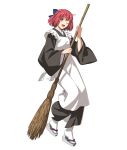  1girl ahoge anime_coloring ankle_socks apron black_kimono black_sleeves blue_bow bob_cut bow broom frilled_apron frills full_body game_cg grey_footwear highres holding holding_broom japanese_clothes kimono kohaku_(tsukihime) legs_apart long_sleeves looking_at_viewer maid maid_apron melty_blood melty_blood:_type_lumina non-web_source official_art one_eye_closed open_mouth red_hair sandals short_hair sidelighting simple_background smile socks solo tabi tachi-e takeuchi_takashi teeth tongue transparent_background tsukihime tsukihime_(remake) type-moon upper_teeth_only wa_maid white_apron yellow_eyes zouri 