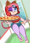  absurd_res anthro bottomwear clothing domestic_cat felid feline felis female food hi_res licking licking_lips looking_at_viewer mammal one_eye_closed onibi pizza polly_esther samurai_pizza_cats shorts solo tongue tongue_out tray wink 