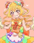  1girl ankle_bow apron bangs blonde_hair blush bow brooch bun_cover commentary_request cure_yum-yum delicious_party_precure drill_hair gloves hanamichi_ran heart_brooch highres huge_bow jewelry long_hair magical_girl orange_bow pre221b precure red_eyes smile solo twin_drills white_gloves white_stripes 