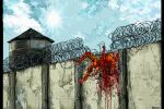  anthro barbed_wire blood bodily_fluids death escape gore hi_res ivan jeffusherb lizard male prison prisoner reptile scalie solo wall_(structure) watchman 