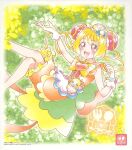  1girl apron back_bow bangs blonde_hair bow brooch bun_cover cure_yum-yum delicious_party_precure drill_hair gloves hanamichi_ran heart_brooch highres huge_bow jewelry magical_girl mem-mem_(precure) official_art precure red_eyes smile solo third-party_source twin_drills white_gloves 