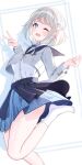  1girl absurdres black_overskirt blue_overskirt blush commentary_request cropped_jacket gakuen_idolmaster grey_hair half_up_braid hatsuboshi_gakuen_school_uniform highres idolmaster katsuragi_lilja looking_at_viewer neck_ribbon one_eye_closed open_mouth ribbon school_uniform shirt short_bangs short_hair sikimosh simple_background smile socks solo thighs v white_background white_shirt white_socks 