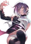  1girl absurdres apron bangs black_choker black_thighhighs bomb_devil_(chainsaw_man) breasts chainsaw_man choker collared_shirt green_eyes grenade_pin hair_bun highres hiro_(hirohiro_gorira) looking_at_viewer medium_breasts navel panties purple_hair reze_(chainsaw_man) shirt single_hair_bun smile thighhighs thighs transformation underwear white_panties white_shirt 