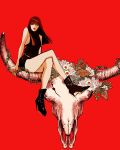  1girl animal_skull animification bangs bare_shoulders black_footwear black_shorts black_tube_top blackpink blunt_bangs boots crossed_legs floating_skull flower high_heel_boots high_heels highres k-pop leaf lisa_(blackpink) looking_at_viewer nisino2222 plant real_life red_background red_lips shorts sitting sleeveless solo strapless teeth thighs tube_top vines white_flower 