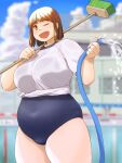  1girl bangs blue_sky blurry blurry_background breasts broom character_request cloud cloudy_sky commentary_request copyright_request covered_navel cowboy_shot day fat_mons highres hose katou_(katohayabusa) large_breasts looking_at_viewer medium_hair one_eye_closed open_mouth outdoors plump shirt short_sleeves sky smile solo sparkle thick_thighs thighs water white_shirt 